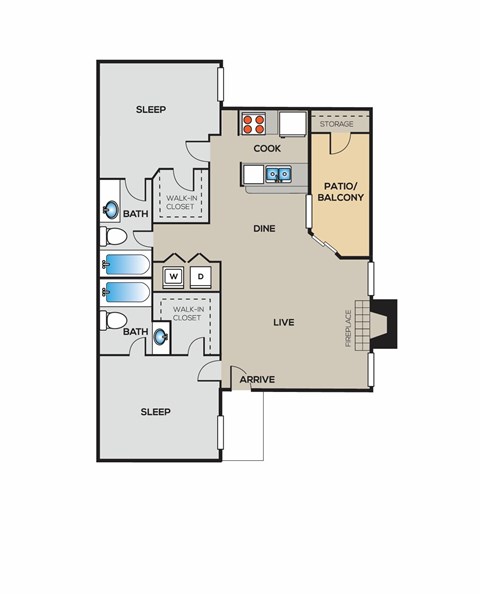 A floor plan of a home with a sleeping area, a kitchen, a dining area, a bathroom, a pantry, a patio/balcony, a live/work area, and a garage.